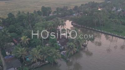 Kerala Backwaters And Local Life At Sunset At Alleppey, India. Aerial Drone View