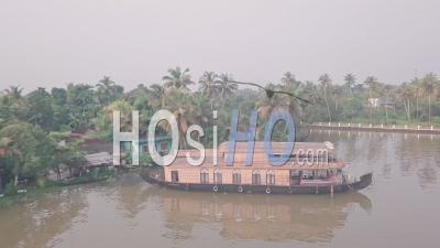 Houseboat In Kerala Backwaters At Alleppey, India. Aerial Drone View