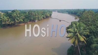 Kerala Backwaters And River Landscape At Alleppey, India. Aerial Drone View