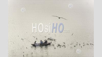 Boat On The River Ganges At Sunrise, Varanasi, Uttar Pradesh, India