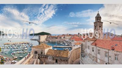 Dubrovnik Old Town Harbor And The Dominican Monastery From Dubrovnik City Walls, Dalmatia, Croatia