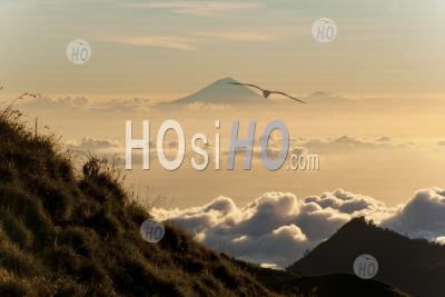 Sunset Behind Mount Agung And Mount Batur On Bali From Mount Rinjani, Lombok, Indonesia