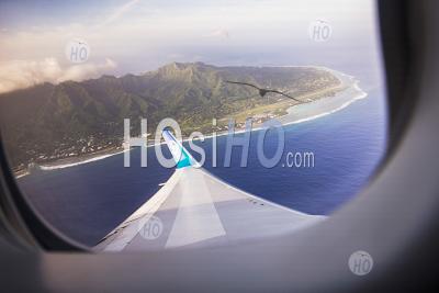 Tropical Rarotonga Island Seen From The Airplane Window Behind The Aeroplane Wing, Cook Islands