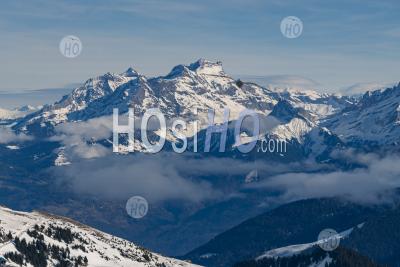 Beautiful Snowcapped Mountains With Blue Sky At The Ski Resort Of Morzine In The Alps Mountain Range Of France, Europe