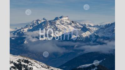 Beautiful Snowcapped Mountains With Blue Sky At The Ski Resort Of Morzine In The Alps Mountain Range Of France, Europe
