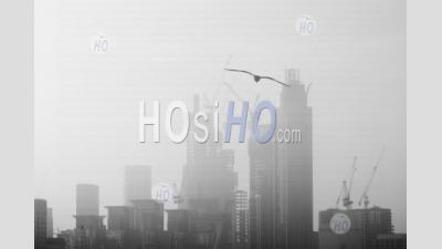 Construction Background With Copy Space In Black And White, London Cityscape Background With Tall Skyscrapers And Office Blocks And Misty City Buildings, England, Uk, Europe