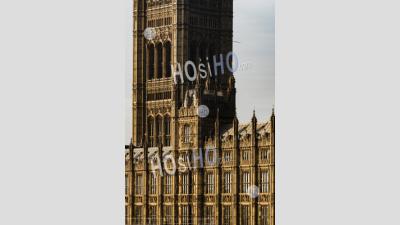 Houses Of Parliament, The Iconic London Building And Tourist Attraction With Bright Blue Sky, Shot In Coronavirus Covid-19 Lockdown In England, Uk