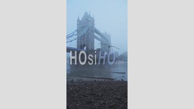 Vidéo Verticale Du Tower Bridge Et De La Tamise Beach à Marée Basse, Montrant L'emblématique Monument De Londres Dans Le Brouillard Et Le Temps Brumeux Dans Le Brouillard Et Le Brouillard Dans Le Coronavirus Covid-19 Lockdown, England, Uk