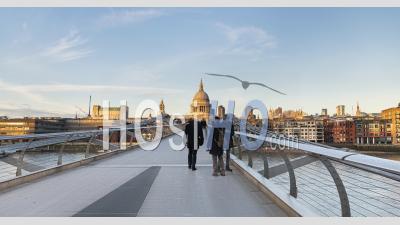 London Hyperlapse Timelapse, Hyper Lapse Time Lapse Of People Walking Over St Pauls Cathedral And Millennium Bridge, The Central London Iconic Landmark Building In England, United Kingdom