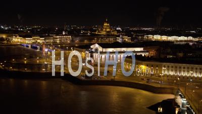 Old Saint Petersburg Stock Exchange And Rostral Columns - Video Drone Footage