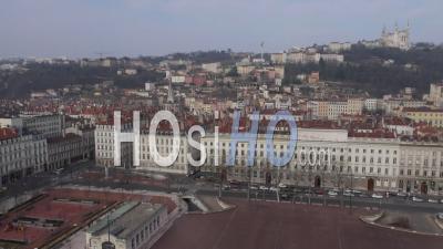 Fourviere Hill And The Place Bellecour Square By Drone, Lyon City Centre, France 