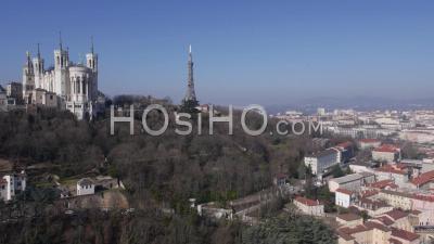Panorama Of Lyon City Centre And The Basilica Church Of Fourviere By Drone On A Sunny Day, Lyon, France