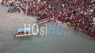 Devotees Gather At Sea Celebrate Floating Chariot Festival - Video Drone Footage