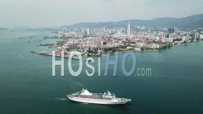 Cruise Ship Move At Penang Sea - Video Drone Footage