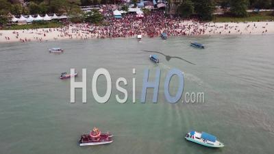 Crowds Attend The Festival Floating Chariot By Vehicle Or By Boat - Video Drone Footage