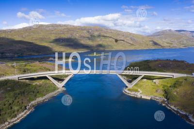 Aerial View Of Kylesku Bridge Crossing Loch Chairn Bhain In Sutherland, Scotland, Uk - Aerial Photography