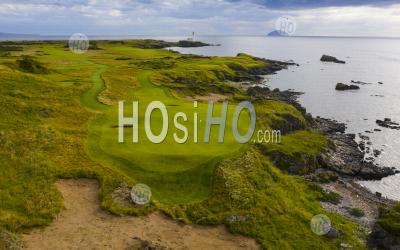 Aerial View Of New Maidens 11th Hole Par 3 On Ailsa Golf Course At Trump Turnberry Resort In Ayrshire, Scotland, Uk - Aerial Photography
