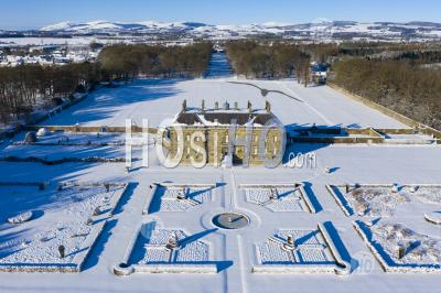 Aerial View Of A Snow Covered Kinross House And Gardens In Kinross, Kinross-Shire. - Aerial Photography
