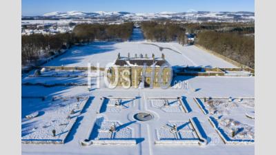Aerial View Of A Snow Covered Kinross House And Gardens In Kinross, Kinross-Shire. - Aerial Photography