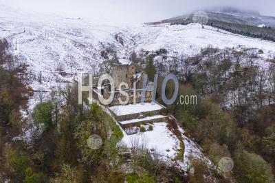 Aerial View Of Castle Campbell In The Snow, Dollar, Clackmannanshire, Scotland. Uk - Aerial Photography