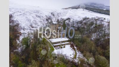 Aerial View Of Castle Campbell In The Snow, Dollar, Clackmannanshire, Scotland. Uk - Aerial Photography