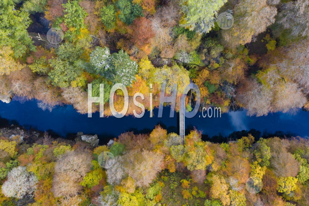  Autumnal Colours In Trees Beside The River Garry Seen From A Drone At Killiecrankie In Perthshire, Scotland, Uk