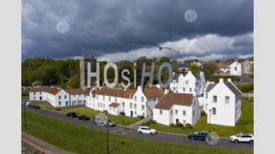 Aerial View Whitewashed Houses On Pan Ha ( Pan Haugh) And St Serf’s Church At Dysart Conservation Village In Fife, Scotland ,Uk - Aerial Photography