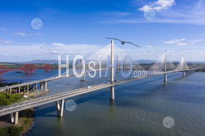 Aerial View Of Three Bridges Crossing The River Forth With New Queensferry Crossing In Front At North Queensferry, Fife, Scotland, Uk - Aerial Photography