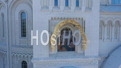 Kronstadt Naval Cathedral Icons On The Walls Circular Panorama, Close Up - Video Drone Footage