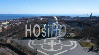 Kronstadt Naval Cathedral Long Shot Aerial View Zoom In - Video Drone Footage