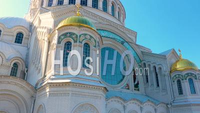 Kronstadt Naval Cathedral View Of Golden Domes, Mosaics And Stained Glass Windows Close Up Shot, Backlight - Video Drone Footage