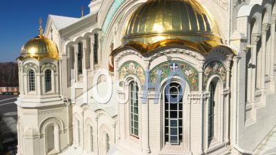 Kronstadt Naval Cathedral View Of Golden Domes, Mosaics And Stained Glass Windows Close Up Shot. - Video Drone Footage