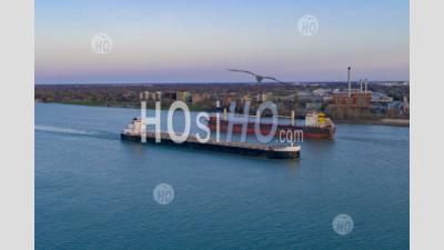Great Lakes Freighters On The Detroit River - Aerial Photography
