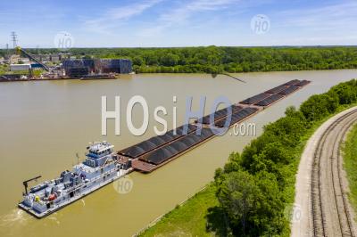 Towboat Pushes Barges On The Ohio River - Aerial Photography