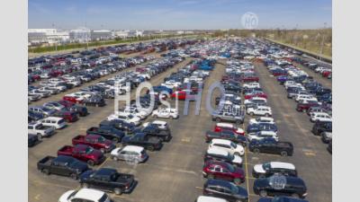 Truck And Cars Awaiting Transport To Dealers - Aerial Photography