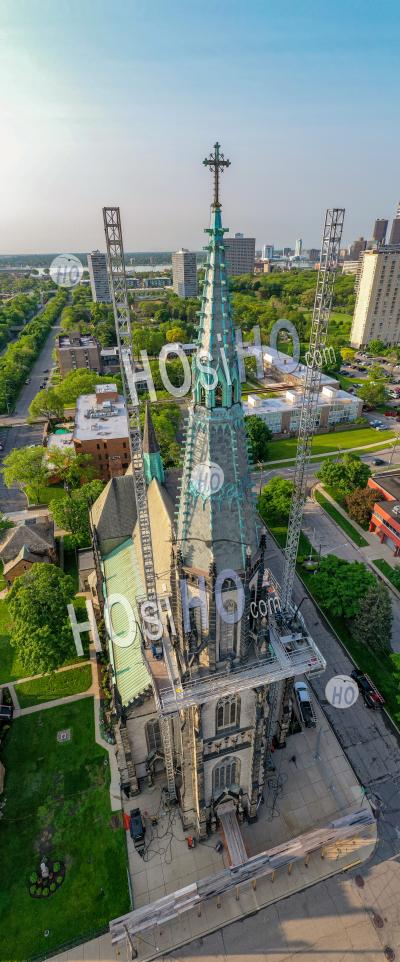 Steeple Repair At Historic Catholic Church - Aerial Photography
