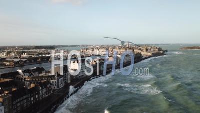 The Phenomenon Of High Tides In Saint-Malo - Beach Du Sillon And City Intramural - Video Drone Footage