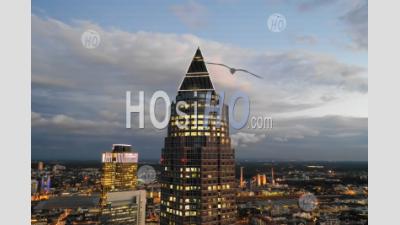 Incredible Aerial Close Up View Of Messeturm In Frankfurt Am Main, Germany Skyline At Night With City Lights Hq - Aerial Photography