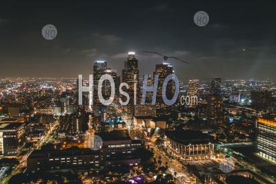 Aerial View Of Downtown Los Angeles Skyline With City Lights From Aerial Perspective Hq - Aerial Photography