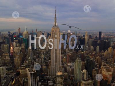 The Heart Of Manhattan, Empire State Building In New York City Aerial Drone View On Rainy Cloudy Day Hq