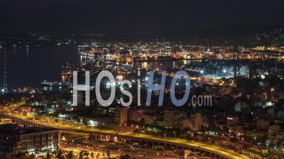 Establishing Aerial View Shot Of Athens, Port Of Piraeus, Greece At Night Evening - Video Drone Footage