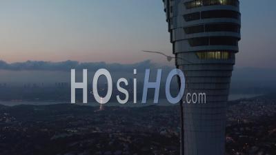 Istanbul Tv Tower On Hill With Epic View Over All Of Istanbul, Turkey At Dusk - Video Drone Footage