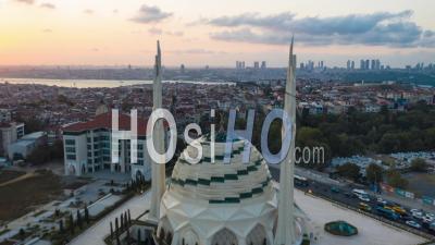 Futuristic Marmara Mosque In Istanbul, Modern Looking Mosque At Sunset With Cityscape, Aerial Hyperlapse Drone Time Lapse Forward
