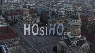 Aerial Empty Berlin Gendarmenmarkt Square With View On German Church, Konzerthaus And French Church During Coronavirus Covid 19 Pandemic - Video Drone Footage