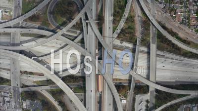 Spectacular Overhead Shot Of Judge Pregerson Highway Showing Multiple Roads, Bridges, Viaducts With Little Car Traffic In Los Angeles, California On Beautiful Sunny Day 4k - Video Drone Footage