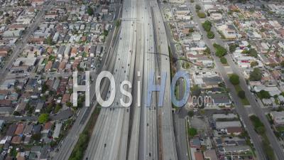 Slow Overhead Lookup Over 110 Highway With Little Car Traffic In Los Angeles, California On Cloudy Overcast Day 4k - Video Drone Footage