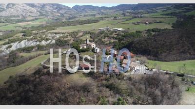 Hilltop Village Of Bellaffaire In The Alpes-De-Haute-Provence, France, Viewed From Drone