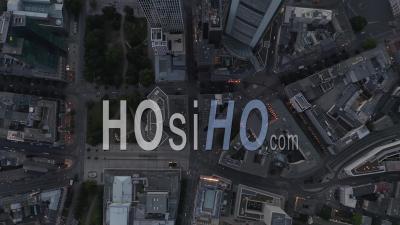 Aerial View Incredible Overhead Top Down Shot Of Frankfurt Am Main, Germany City Center Skyline With Little Traffic Streets Due To Coronavirus Covid 19 Pandemic - Video Drone Footage