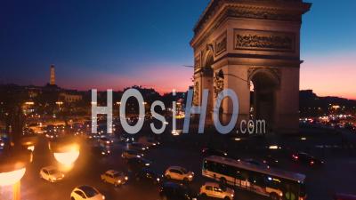 Aerail View Arch Of Triumph Paris Night Dusk Sunset Tour Eiffel Tower Reveal Shot