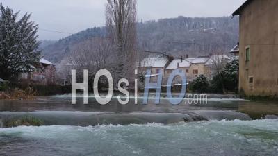 Aerial View Of The City Of Arbois Under The Snow Filmed By Drone